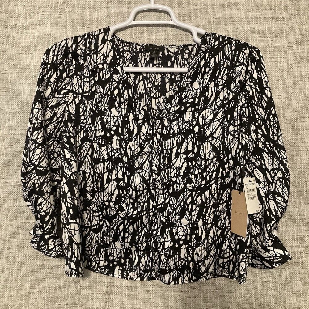 Halogen Shirt Womens Small Petite Black- White Paint Doodle 3/4 Sleeve. NWT.